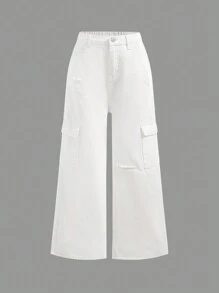 SHEIN Pantalones vaqueros anchos y holgados con diseño de cortes, rotos, deshilachados y bolsillos cargo, para niñas preadolescentes, apropiados para uso diario y para las cuatro estaciones.