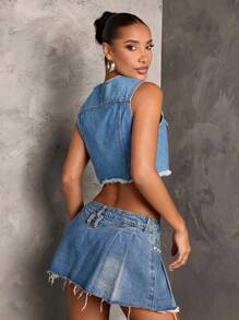 SHEIN BAE 女士牛仔短款无袖修身背心，蓝色 - 中等水洗藍 - 查看 2