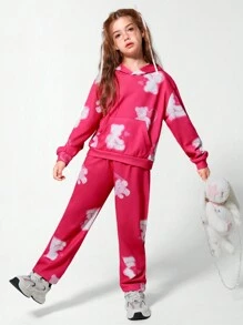 SHEIN 2pcs/Set Tween Girls Casual Loose Bear Print Hoodie Sweatshirt And Pants Set, Suitable For Daily, Commuting, Holiday, Streetwear, Gathering With Friends, Autumn/Winter - Black - View 6