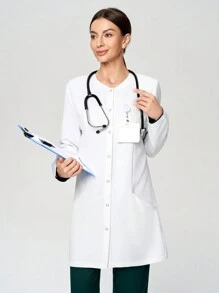 Scrubzie 抗皱凉爽触感女式长袖单排扣口袋实验室大衣/白大衣 - 白色 - 查看 4