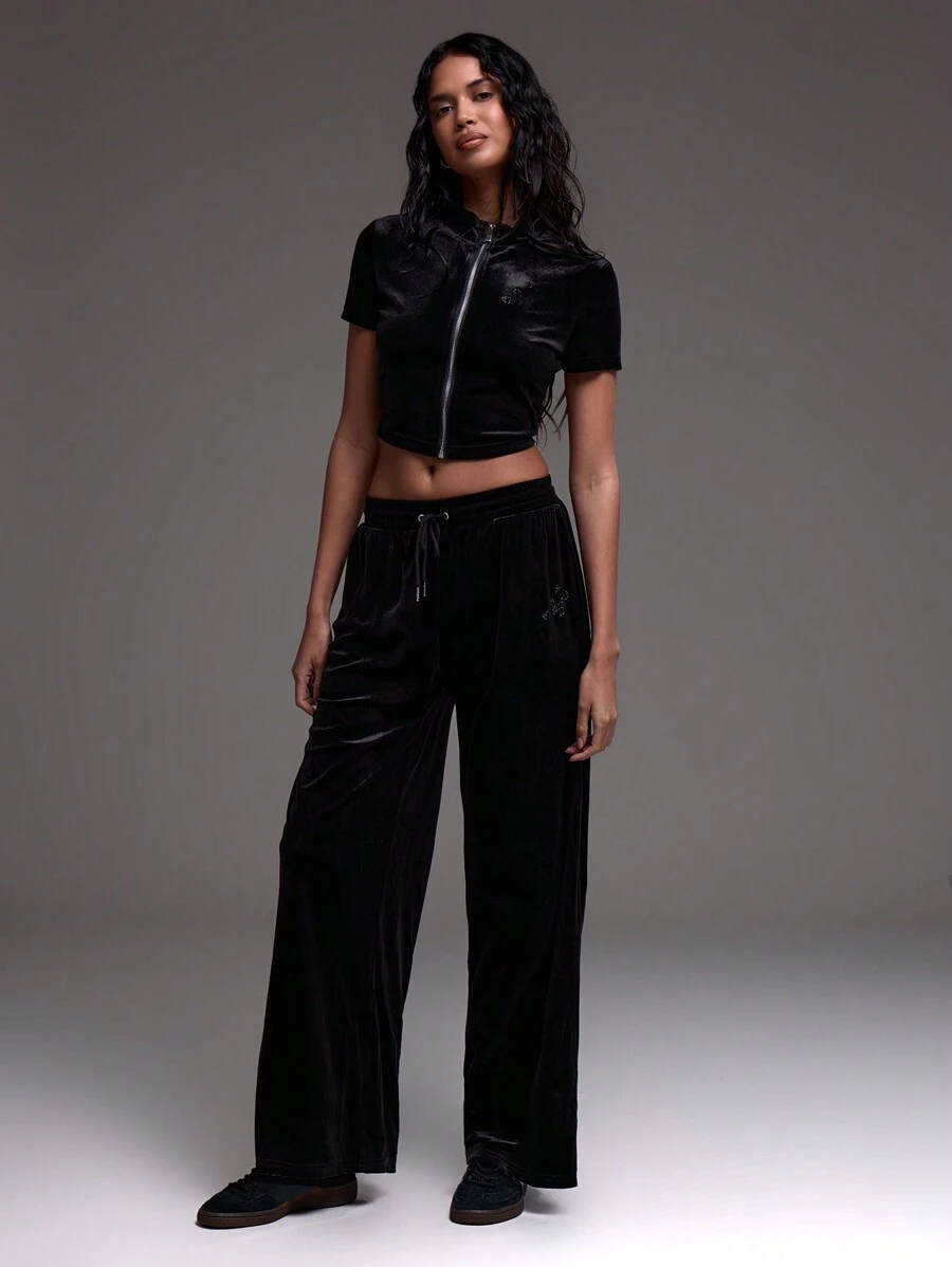 Musera Sport Straight Leg Drawstring Velvet Trousers Elegant, Boho ,Padel, Tennis, Pickleball - Black - View 1