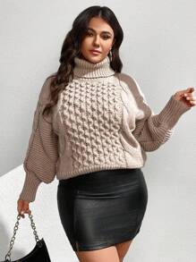 SHEIN Clasi Plus Size Women's High Neck Chunky Knit Raglan Pullover Sweater, Autumn/Winter Knit Pullover Fall - Camel - View 1