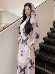 DAZY Elegant Mesh Butterfly Print Off Shoulder Mid-Length Dress Festival Prom Dress,Fall Dress Long Sleeve Dress - Grey - View 10