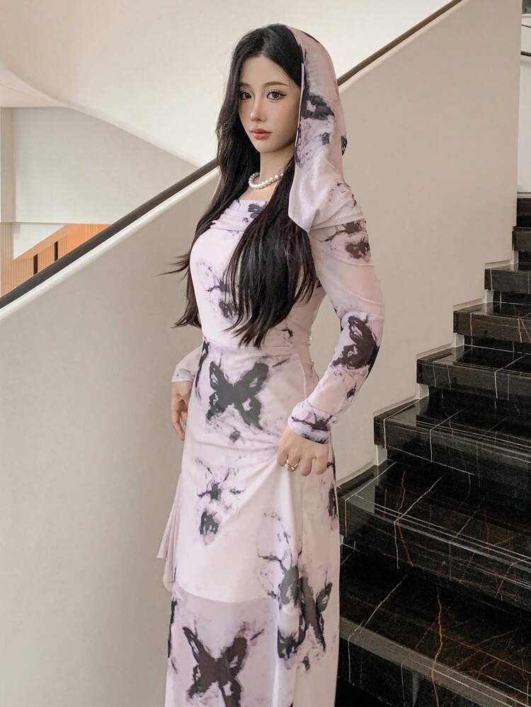 Elegant Mesh Butterfly Print Off Shoulder Mid-Length Dress Festival Prom Dress,Fall Dress Long Sleeve Dress