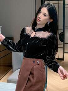 DAZY Camicia da donna con colletto alla coreana, maniche a lanterna, patchwork, stile minimalista casual per tutti i giorni, top a maniche lunghe per l'autunno - nero - Visualizzare 8