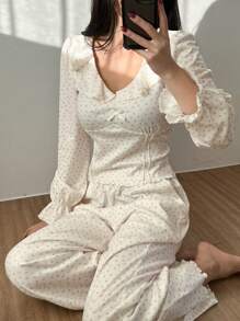 DAZY Floral Ruffle Trim Design Cropped Top And Wide Leg Loose Pants Pajama Set, Fall Winter Clothes - White - View 1