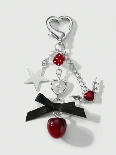 Kawaii 1pc Y2K Fashion Unique Soft Grunge Gothic Silver Chain Faux Pearl Star Rhinestone Wing Heart Ribbon Bow Faux Cherry Pendant Keychain Bag Charm, Suitable For Women/Girls Everyday Wear & Holiday Gift, Halloween