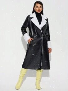 SHEIN SXY Thermal Lined Faux Leather Long Jacket With Thicken Lining, For Fall/Winter - Black - View 7