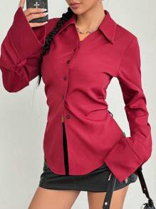 Flirla Women's Ruched Waist Fitted Casual Blouse, Minimalist & Fashionable Everyday Wear Women Shirt
