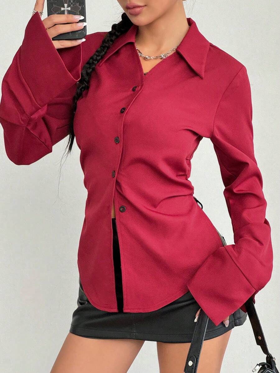 Flirla Women's Ruched Waist Fitted Casual Blouse, Minimalist & Fashionable Everyday Wear Women Shirt