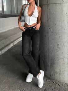 EURMUSE LOW WAIST WIDE LEG BLUE JEAN - Black - View 5