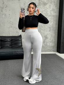SHEIN EZwear Plus Size Casual Leopard Print & Star Applique High Waist Sweatpants
