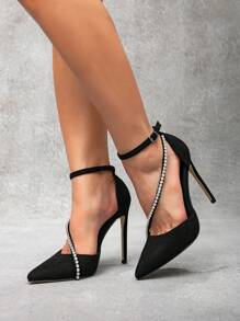 CUCCOO SZL 性感时尚尖头高跟凉鞋，水钻装饰，百搭黑色高跟鞋，适合派对、圣诞节和新年假期的约会，秋冬季节的氛围 - 黑色 - 查看 3