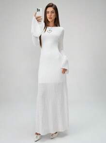 SHEIN Unity 镂空纹理面料露肩长袖荷叶边连衣裙女式长款女装 - 米色 - 查看 1