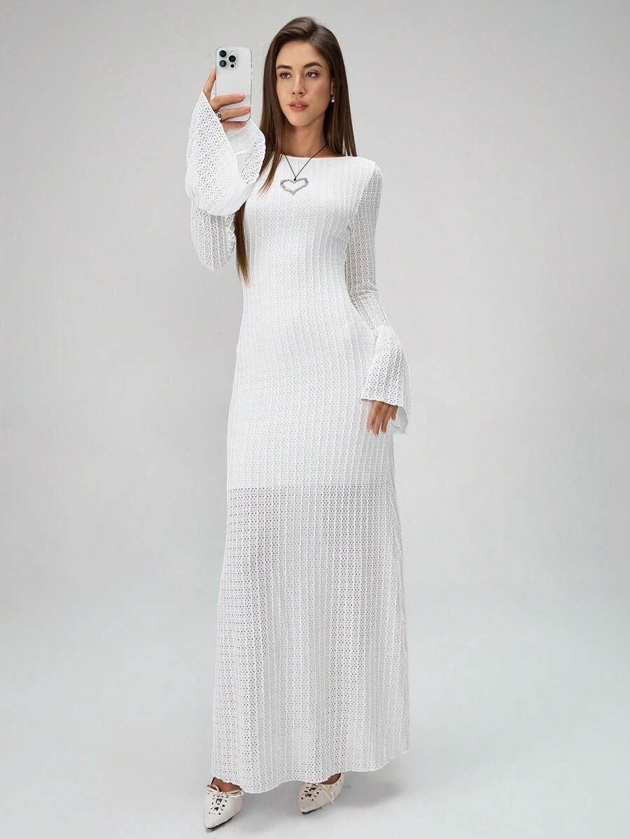 SHEIN Unity 镂空纹理面料露肩长袖荷叶边连衣裙女式长款女装 - 米色 - 查看 1