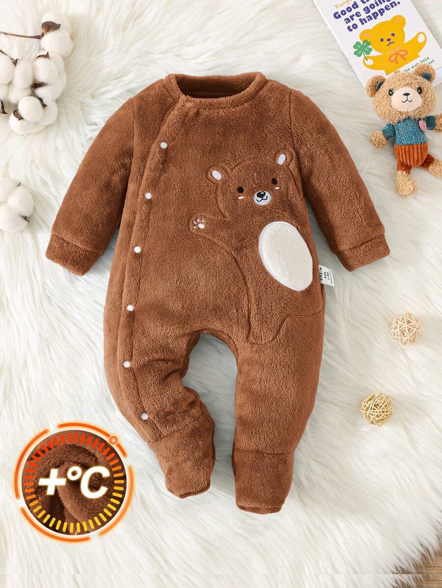 SHEIN 新生男婴可爱熊刺绣领羊毛连体衣秋冬季 - 棕色 - 查看 1