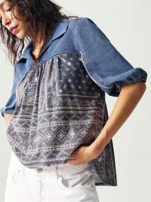 Bohemela Chemise femme en denim tissé ample avec col à revers et manches courtes