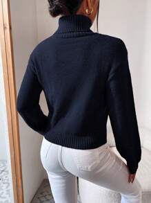 RueChic Sweater Kasual Lengan Panjang Kerah Tinggi Warna Polos untuk Wanita, Musim Gugur/Dingin - Navy Blue - View 2