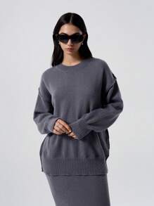 SHEIN EZwear Casual Split Back Drop Shoulder Pullover Sweater + Long Knit Skirt Set - Dark Grey - View 6