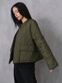 Aveloria Affinna Autumn/Winter Clothes Casual Rhombic Quilted Padded Padded Coat With Large Pockets, Crew Neck, Long Sleeve, Short Style  - Army Green - View 7