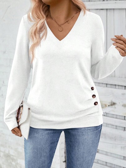 INAWLY Women's V-Neck Long Sleeve Side Buttons Decoration Pleated Soft Knit Casual, Autumn/Winter Fall Cloth For Women