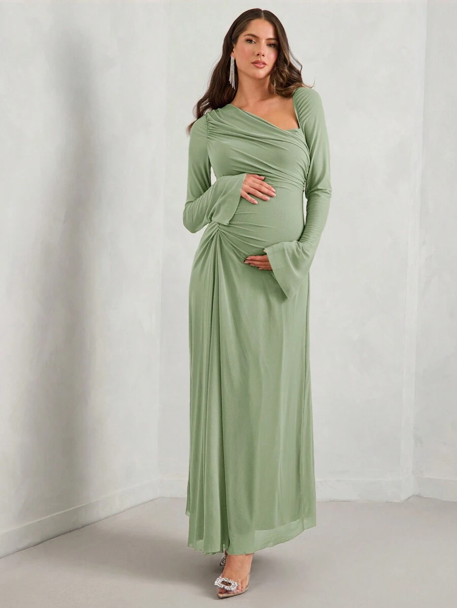MaterniChic 孕妇优雅扭结腰纯色圆领喇叭袖长裙，适合孕妇，秋季 - 綠色 - 查看 1