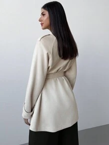 Firerie 女士优雅简约休闲通勤老款腰带高腰口袋 A 字卡其色夹克，秋冬 - 卡其色 - 查看 2