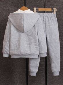 SHEIN Set de 2 piezas de moda para niños pequeños, que incluye un suéter con capucha y cremallera de jacquard con estampado de caballo con forro térmico en gris y pantalones deportivos de jacquard con estampado de caballo con forro térmico en gris, apropiado para uso casual en otoño/invierno