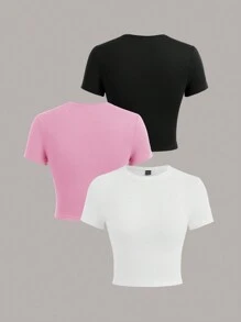 SHEIN EZwear مجموعة من 3 قطع تيشرت للأطفال بأكمام قصيرة وطباعة بسيطة، رقبة مستديرة، للنساء، صيفي - متعدد الألوان - مشاهدة 7