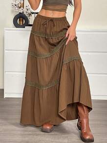 SHEIN EZwear Women's Solid Color Lace Patchwork Ruffle Hem Casual Holiday Skirt - Brown - View 1