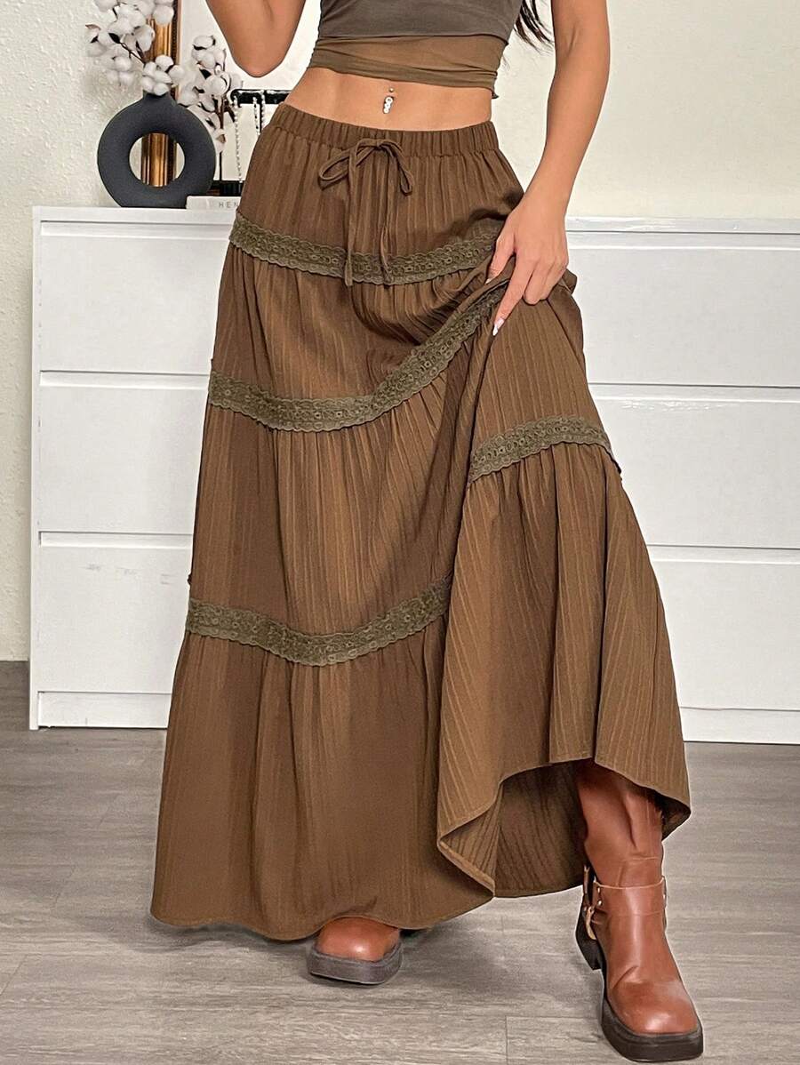 SHEIN EZwear Women's Solid Color Lace Patchwork Ruffle Hem Casual Holiday Skirt - Brown - View 1