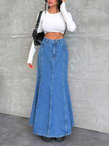 SHEIN High Waist Sewing Detailed Denim Skirt