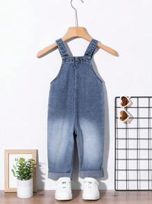 SHEIN Baby Boy Light Washed Blue Distressed Simple Casual Cuffed Straight Leg Denim Bib Overalls - Light Wash - View 2