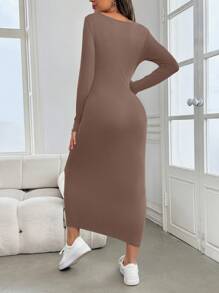 SHEIN 孕妇绿色长袖紧身连衣裙，适合秋冬季婴儿洗礼的孕妇连衣裙 - 卡其色 - 查看 2