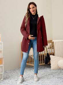 SHEIN Maternity Hooded Jacket/Coat, Fuzzy Button Solid Color Jacket For Pregnant Women, Autumn/Winter - Burgundy - View 5