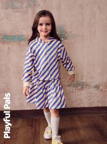 SHEIN 2 Pcs Young Girls Sets Colorful Striped Lion Embroidery Hooded Sweatshirt & Skirt Suits Cute/Retro/Casual/Outing Autumn/Winter/Spring Suitable For School And Outings