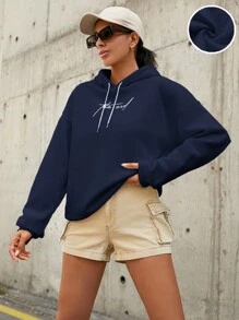 RueChic 100%Cotton Letter Graphic Drop Shoulder Drawstring Hoodie - Navy Blue - View 1