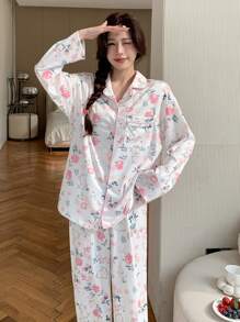 DAZY Floral Print Contrast Color Trim Long Sleeve Pajama Set