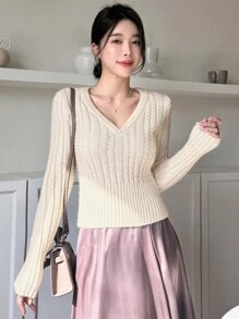 DAZY 女式V领短款麻花针织修身套头衫秋季 - 杏色 - 查看 3