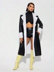 SHEIN SXY Thermal Lined Faux Leather Long Jacket With Thicken Lining, For Fall/Winter - Black - View 6
