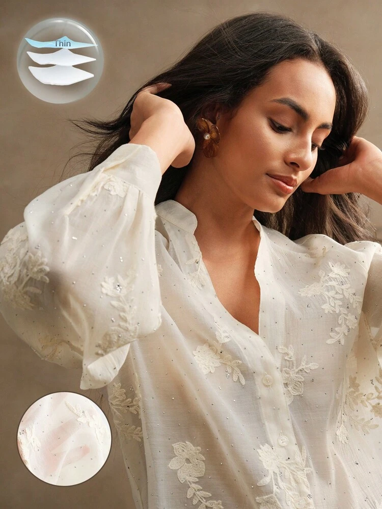 Chemise de fête à manches lanternes, col en V, vintage broderie avec strass, Top à manches longues