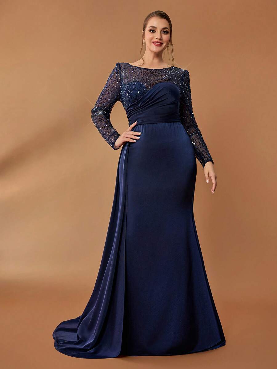 Serin Plus Size Blue Beaded Mother Of The Bride Dress - Navy Blue - View 1