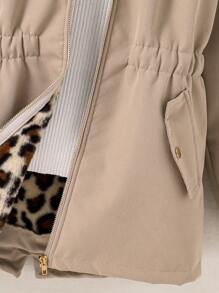 Tween Girl Casual Leopard Print Plush Jacket - Khaki - View 3