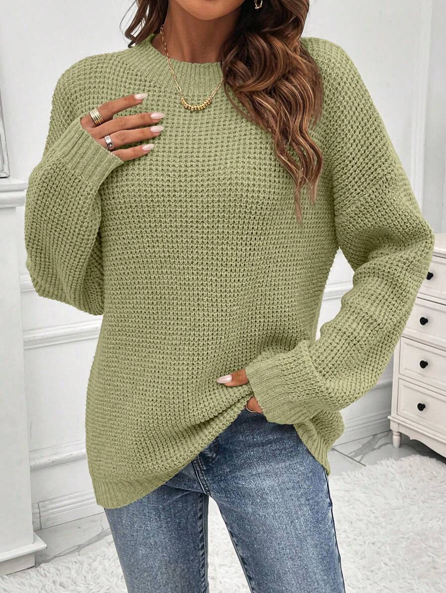 SHEIN LUNE Solid Color Crew Neck Casual Long Sleeve Pullover Sweater Knit Pullover Fall Winter - Olive Green - View 1
