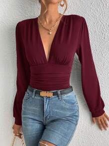 SHEIN Tall 1 bộ đồ liền thân màu trơn đơn giản, mùa thu - Màu Đỏ Sâu - Xem 5