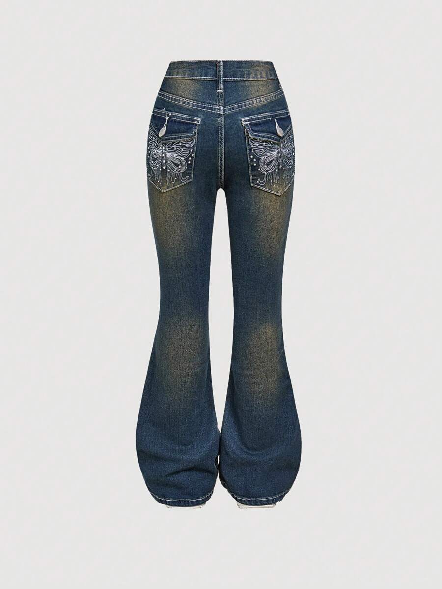 SHEIN Jeans acampanados de mezclilla con bordado de mariposa de cristal vintage de cintura baja estilo Y2K para niña preadolescente, otoño invierno vuelta al colegio - Azul lavado oscuro - Ver 1