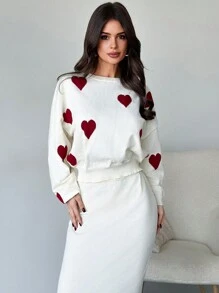 Firerie 2 Pieces Set: Casual Basic Christmas Heart Pattern Knit Sweater & Solid Color High Waist Skirt For Autumn/Winter Valentine's Day - White - View 1