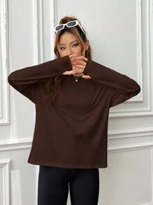 SHEIN EZwear Women's Solid Color Round Neck Long Sleeve Simple Casual Top - Brown - View 4