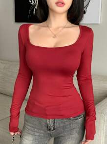 DAZY 女士纯色修身方领长袖 T 恤，百搭秋季女装