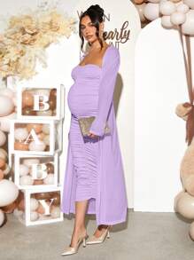 Loomaby 2 件套孕妇纯色长袖长开衫和褶皱胸部修身孕妇装，适合秋季 - 紫色 - 查看 4